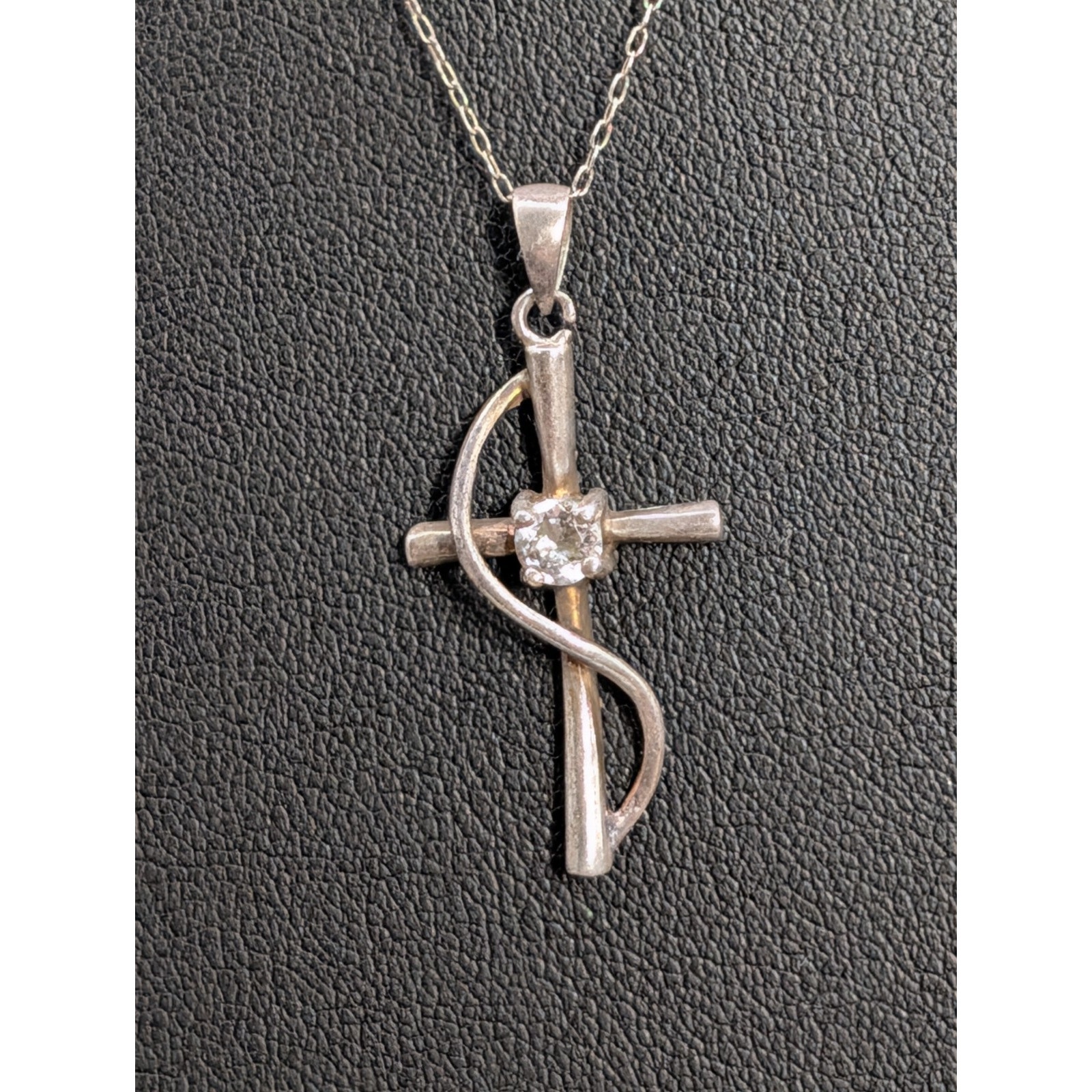 Vintage Cubic Zirconia Draped Cross Pendant Necklace 925 Sterling Silver 20